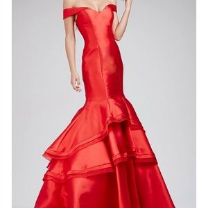 Red, fitted, off the shoulder, mermaid gown